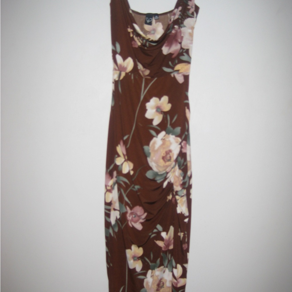 Floral Brown Sleeveless Cowl Neck Women's Dress